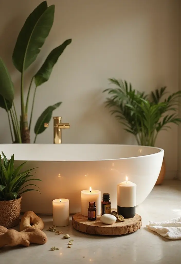 28 Modern Tropical Bathroom Ideas With Natural Tones - 22. Aromatic Elements for a Spa-Like Experience