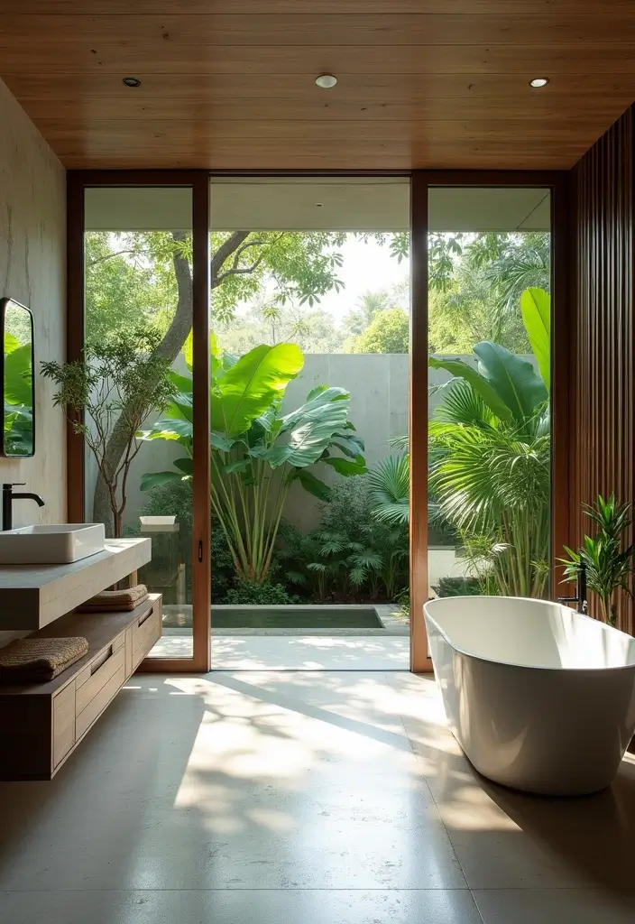 28 Modern Tropical Bathroom Ideas With Natural Tones - 23. Seamless Indoor-Outdoor Transition