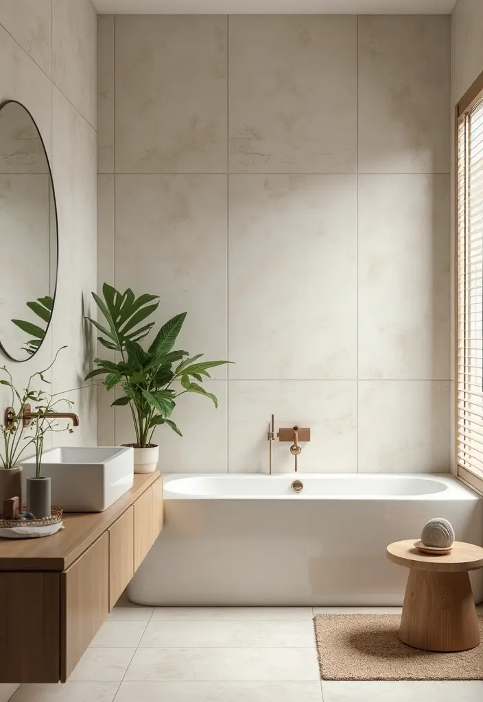 28 Modern Tropical Bathroom Ideas With Natural Tones - 24. Minimalist Tile Patterns for Interest