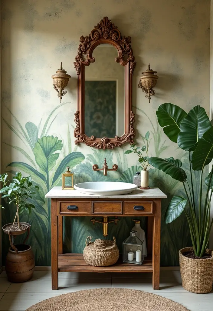 28 Modern Tropical Bathroom Ideas With Natural Tones - 25. Vintage Finds for Unique Touches