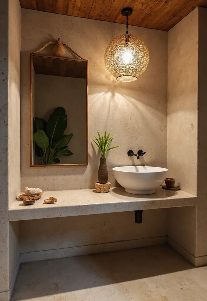 28 Modern Tropical Bathroom Ideas With Natural Tones - 26. Statement Lighting Fixtures