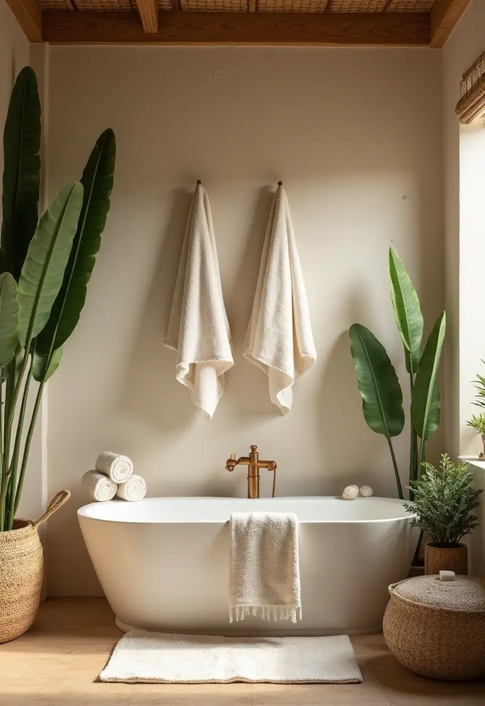 28 Modern Tropical Bathroom Ideas With Natural Tones - 27. Incorporating Natural Textiles