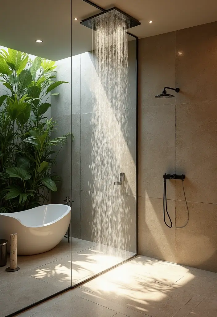 28 Modern Tropical Bathroom Ideas With Natural Tones - 5. Rainfall Showers for a Luxe Experience
