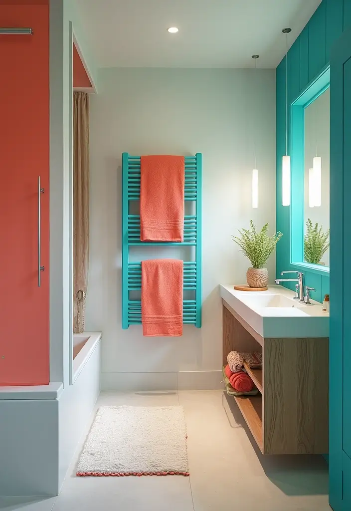 28 Modern Tropical Bathroom Ideas With Natural Tones - 8. Bright Accent Colors for a Fun Pop