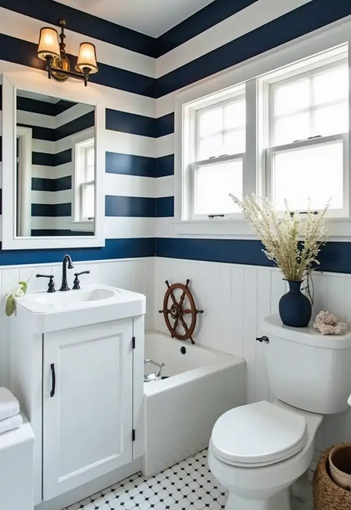 28 Navy And White Bathroom Ideas That Feel Nautical - 1. Nautical Stripes on Walls