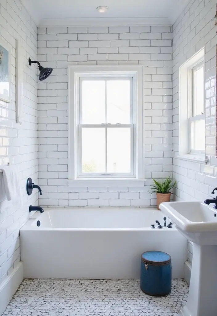 28 Navy And White Bathroom Ideas That Feel Nautical - 10. White Subway Tiles