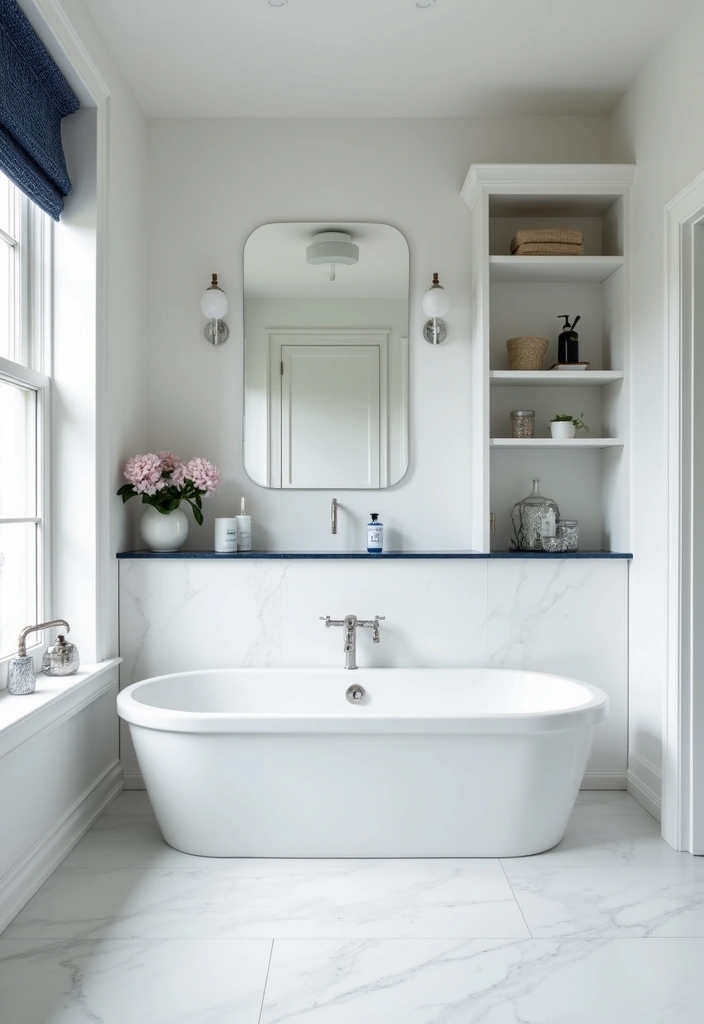 28 Navy And White Bathroom Ideas That Feel Nautical - 12. Minimalist Design Approaches
