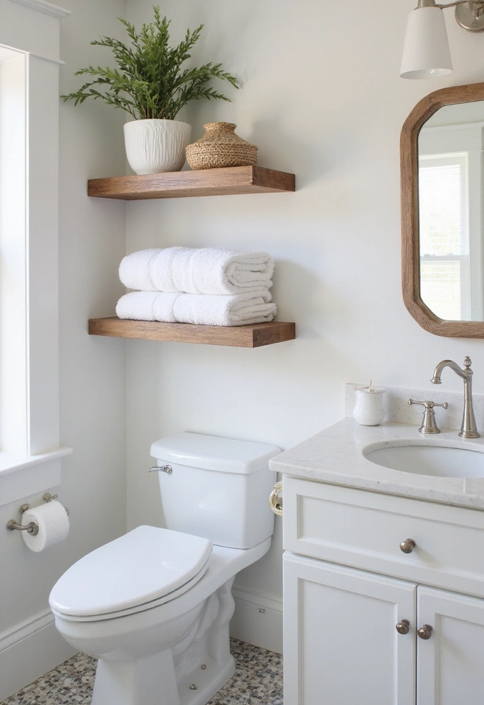 28 Navy And White Bathroom Ideas That Feel Nautical - 13. Floating Shelves
