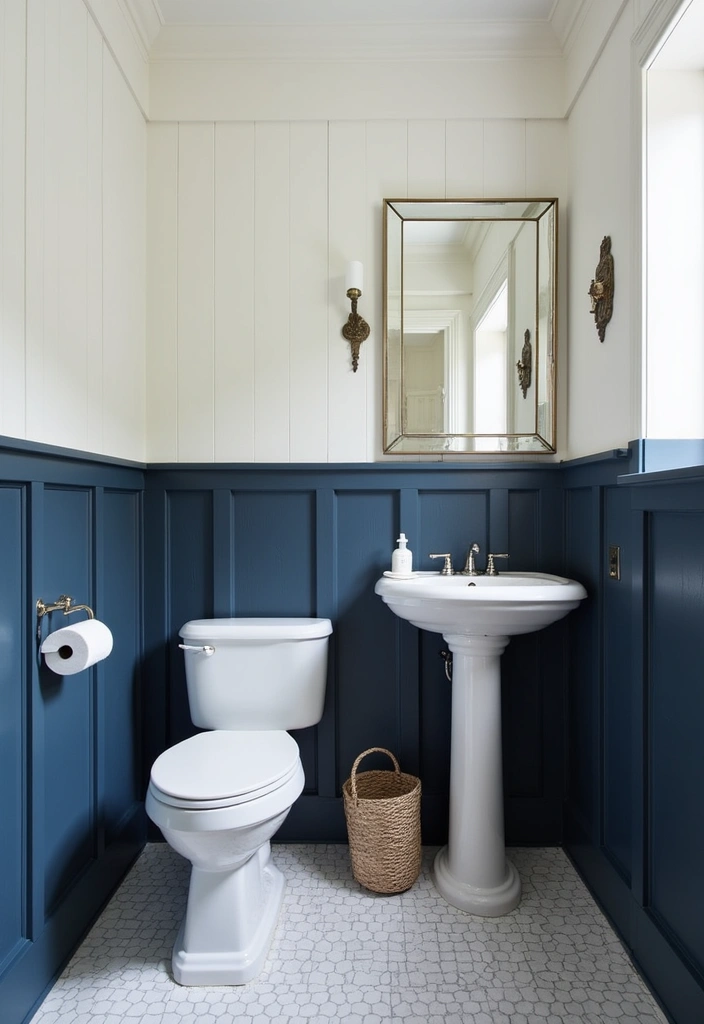 28 Navy And White Bathroom Ideas That Feel Nautical - 14. Navy Paneled Walls