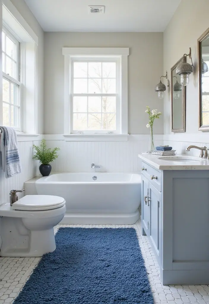 28 Navy And White Bathroom Ideas That Feel Nautical - 16. Textured Rugs