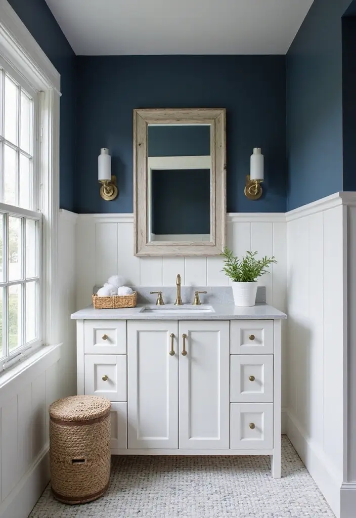 28 Navy And White Bathroom Ideas That Feel Nautical - 18. White Wood Accents