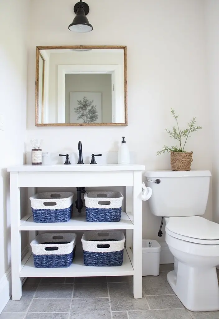 28 Navy And White Bathroom Ideas That Feel Nautical - 22. Functional Storage Solutions