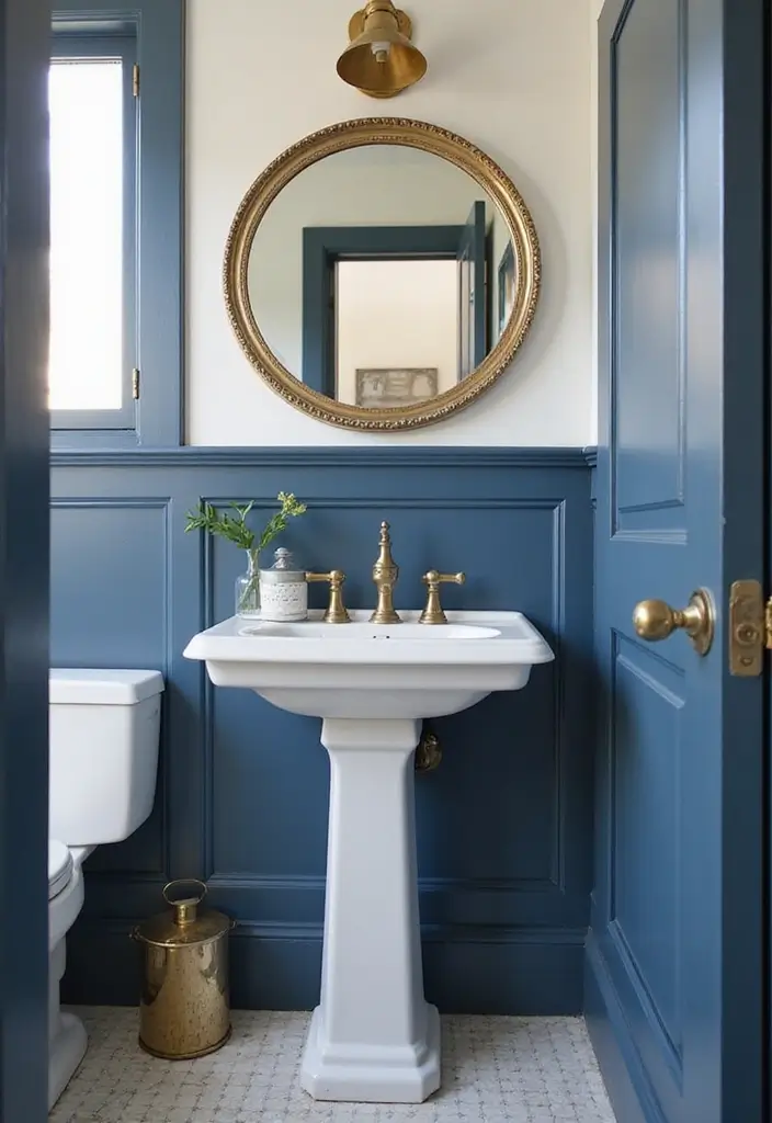 28 Navy And White Bathroom Ideas That Feel Nautical - 23. Vintage-inspired Faucets