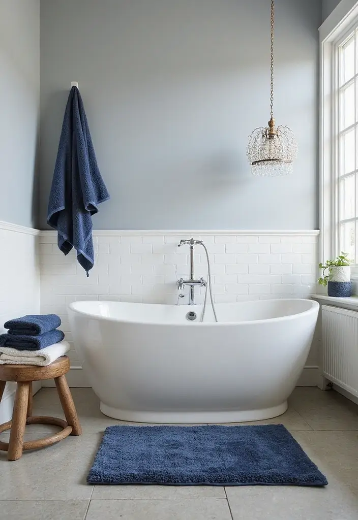 28 Navy And White Bathroom Ideas That Feel Nautical - 24. Soft Textiles