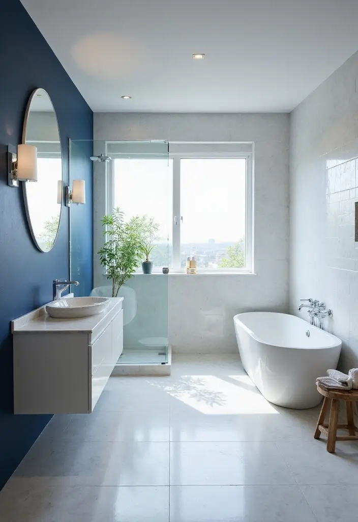 28 Navy And White Bathroom Ideas That Feel Nautical - 25. Open Concept Design