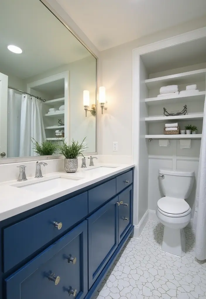 28 Navy And White Bathroom Ideas That Feel Nautical - 27. Custom Built-Ins