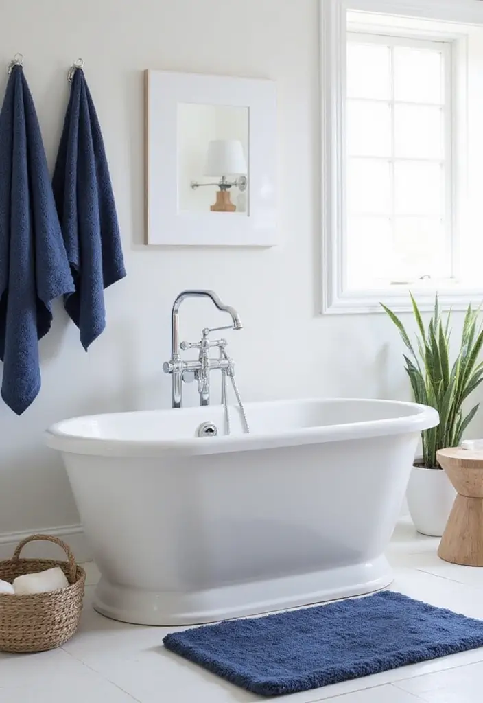 28 Navy And White Bathroom Ideas That Feel Nautical - 3. Classic White Bathtub with Navy Accents