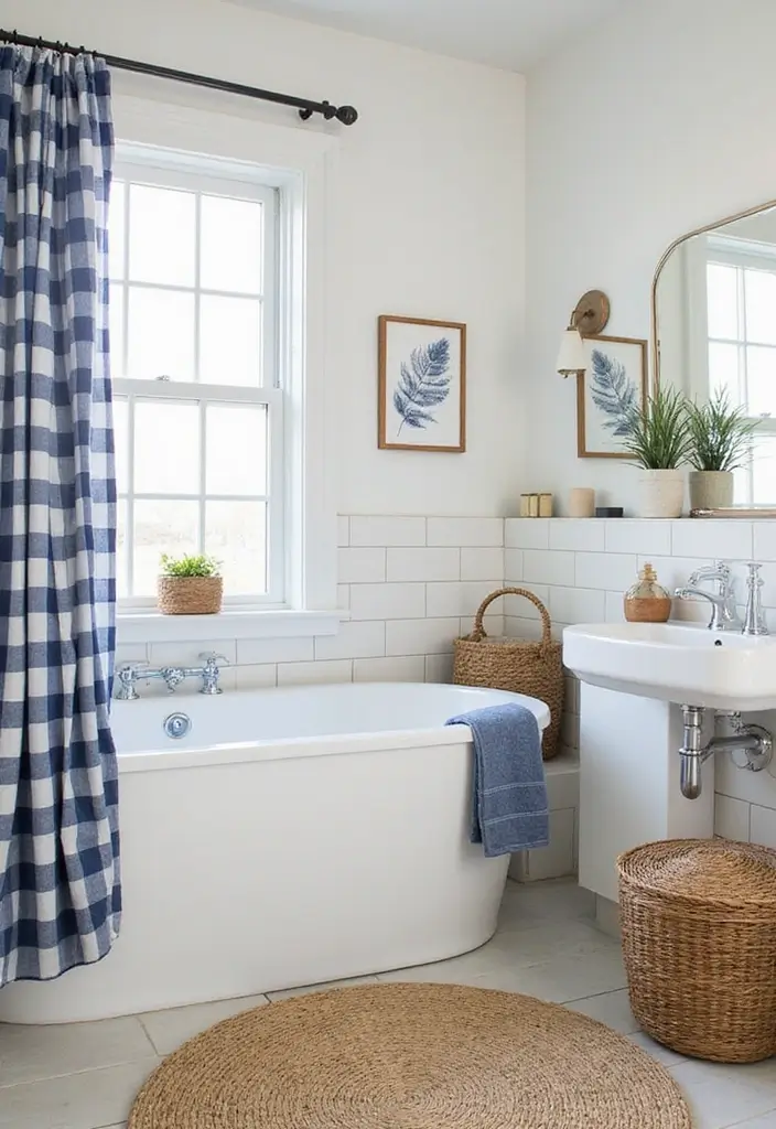 28 Navy And White Bathroom Ideas That Feel Nautical - 4. Woven Textures