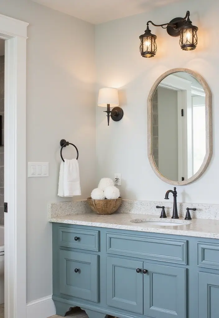 28 Navy And White Bathroom Ideas That Feel Nautical - 8. Coastal-Inspired Lighting