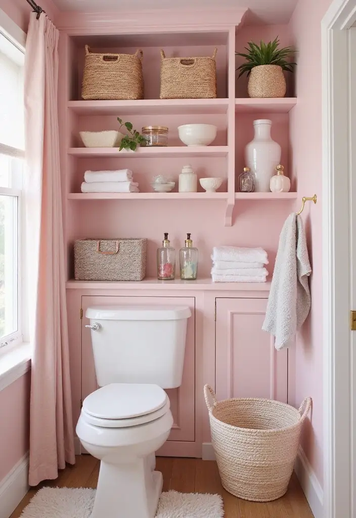 28 Small Bathroom Ideas Pink And Elegant - 13. Stylish Pink Storage