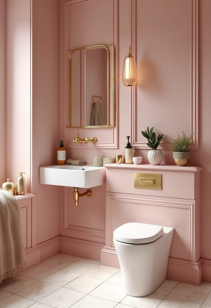 28 Small Bathroom Ideas Pink And Elegant - 22. Pink and Gold Accents