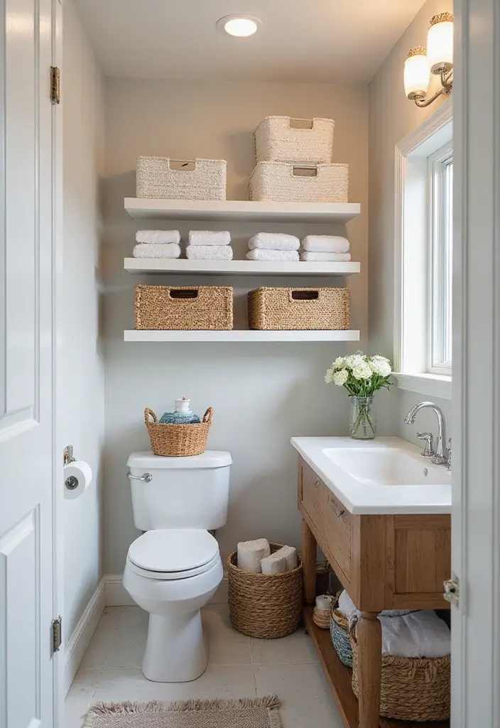 28 Small Half Bathroom Decor Ideas That Feel Spacious - 14. Stylish Storage Baskets