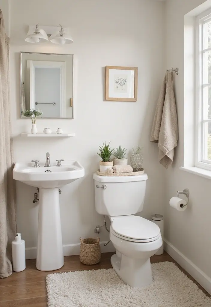 28 Small Half Bathroom Decor Ideas That Feel Spacious - 21. Neutral Textiles