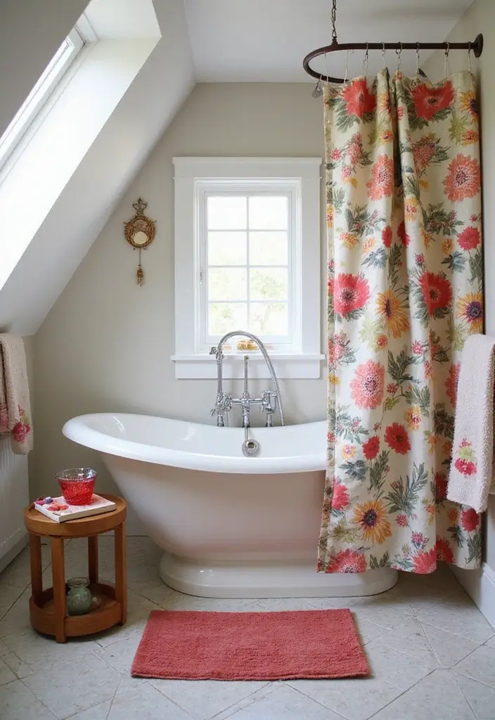 29 Attic Bathroom Ideas That Maximize Every Corner - 19. Unique Shower Curtains