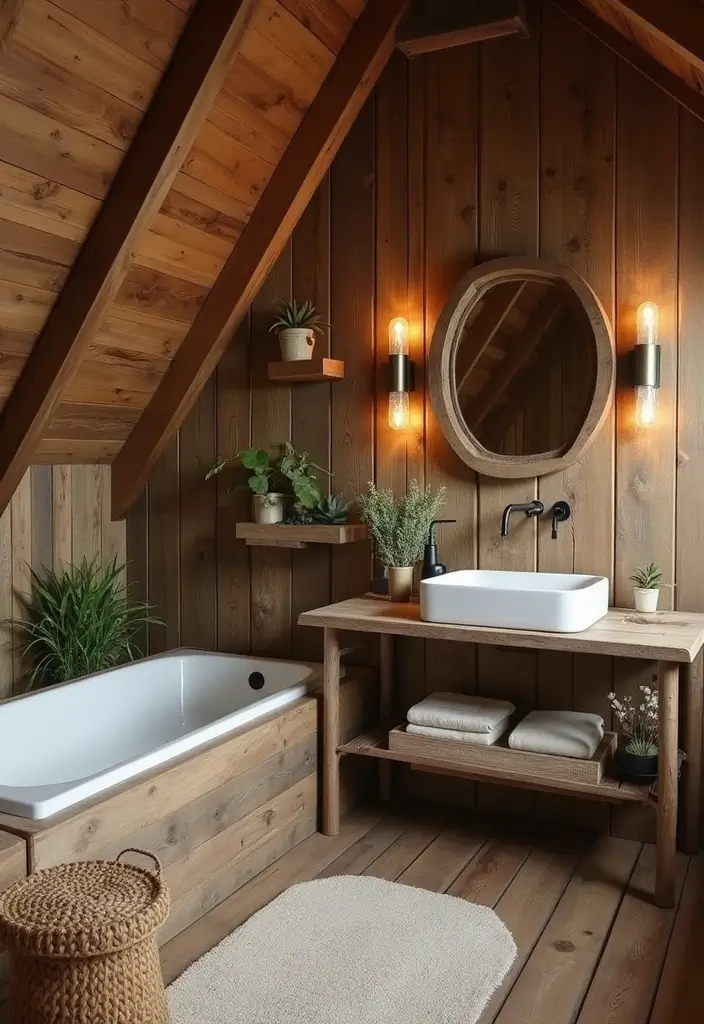 29 Attic Bathroom Ideas That Maximize Every Corner - 2. Rustic Wooden Retreat