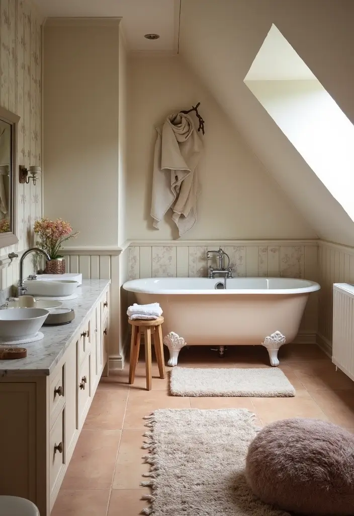 29 Attic Bathroom Ideas That Maximize Every Corner - 26. Soft Rugs and Textiles