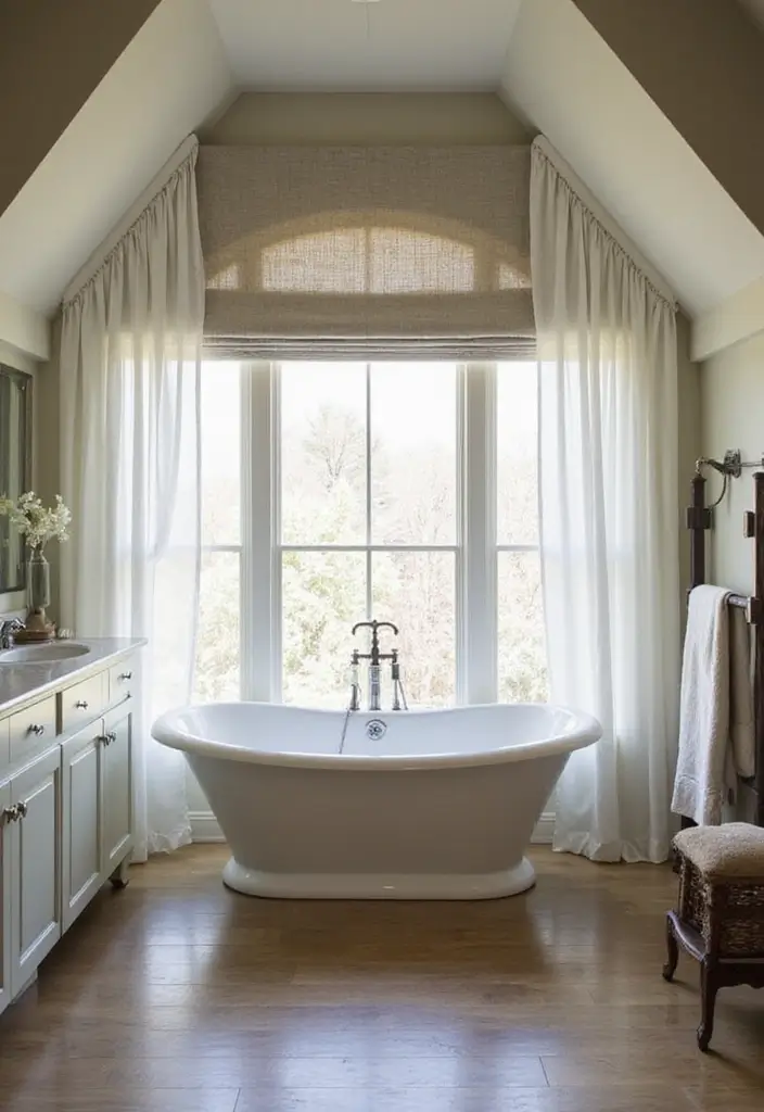 29 Attic Bathroom Ideas That Maximize Every Corner - 29. Transformative Window Treatments