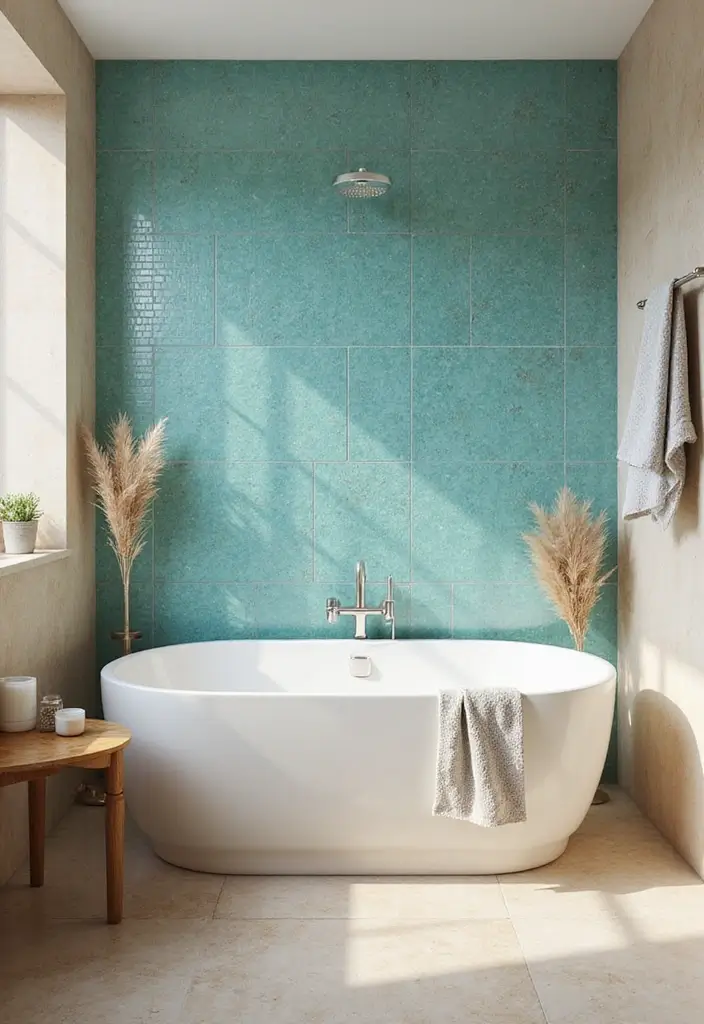 29 Bathroom Highlighter Tiles Ideas For Accent Walls - 11. Tropical Turquoise