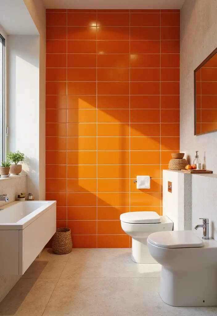 29 Bathroom Highlighter Tiles Ideas For Accent Walls - 14. Bold Orange Accent