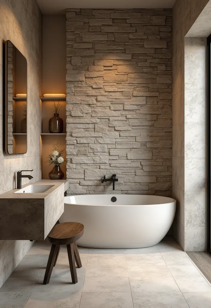 29 Bathroom Highlighter Tiles Ideas For Accent Walls - 19. Rustic Stone
