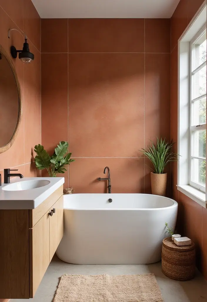 29 Bathroom Highlighter Tiles Ideas For Accent Walls - 2. Terracotta Textures