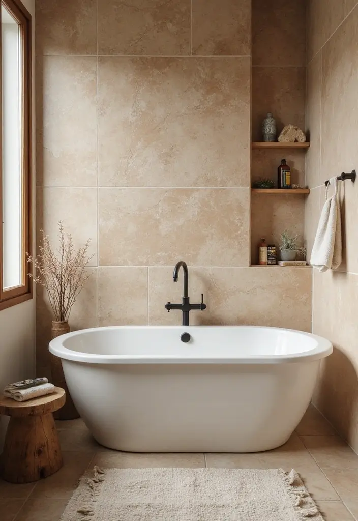 29 Bathroom Highlighter Tiles Ideas For Accent Walls - 21. Warm Neutrals
