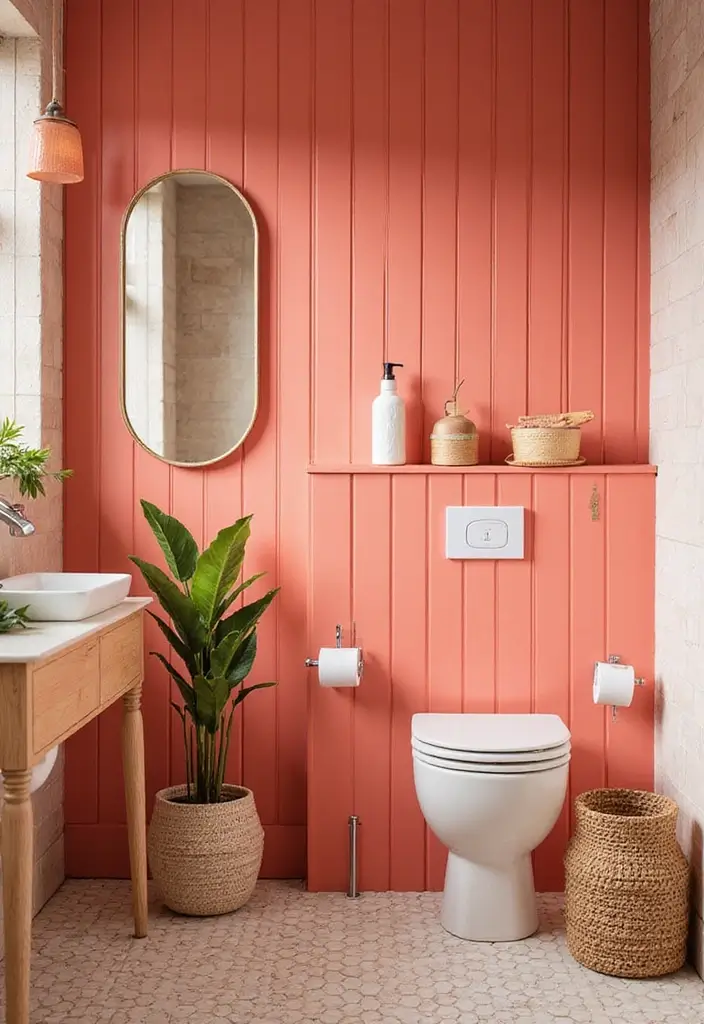 29 Bathroom Highlighter Tiles Ideas For Accent Walls - 8. Bright Coral Accent