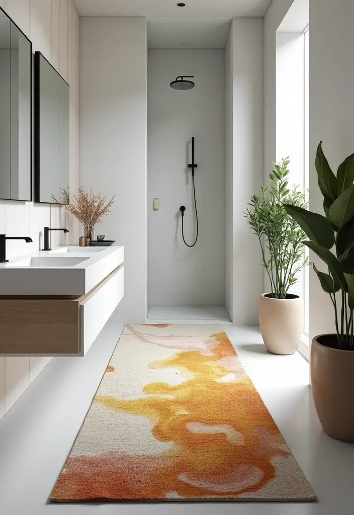 29 Bathroom Runner Rug Ideas That Tie The Room Together - 28. Artistic Abstract Rugs