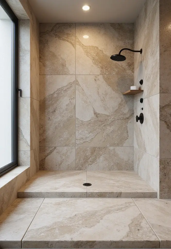 29 Bathroom Shower Tile Ideas That Feel Modern - 24. Natural Stone Slabs