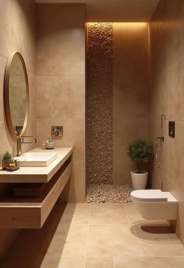 29 Bathroom Tiles Combination Ideas That Work Beautifully - 1. Earthy Tones with Pebble Accents