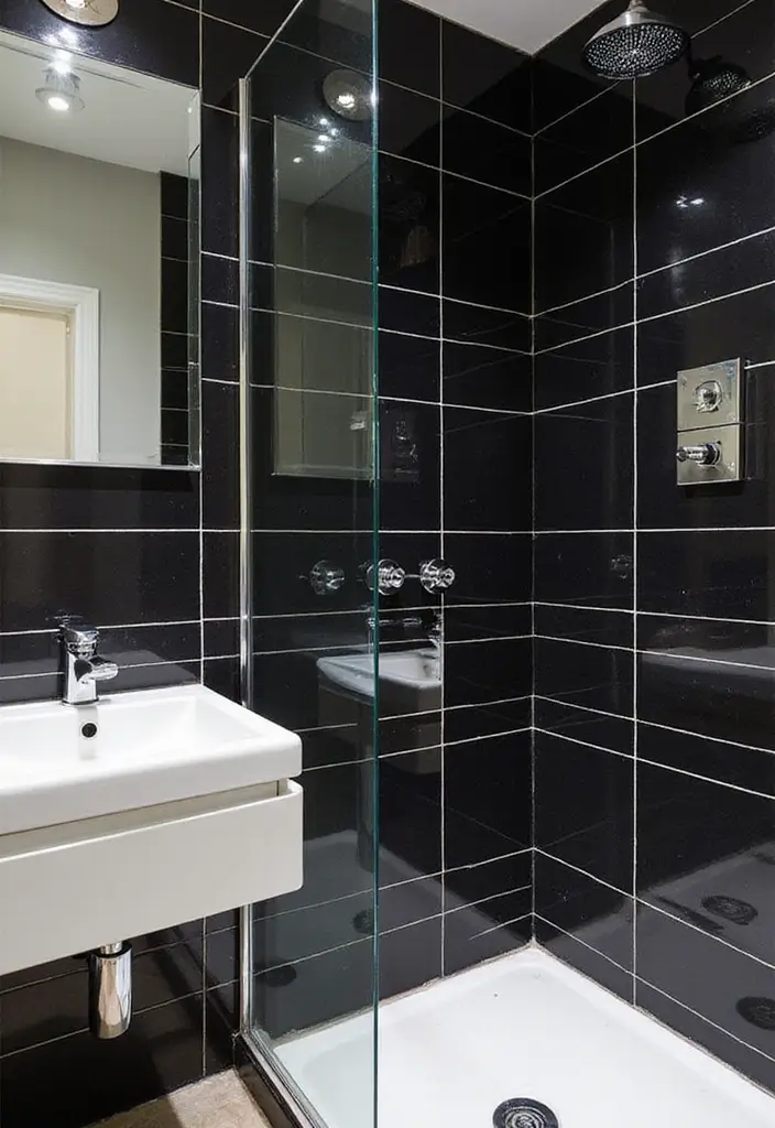 29 Bathroom Tiles Combination Ideas That Work Beautifully - 16. Classic Black Tiles with White Accents