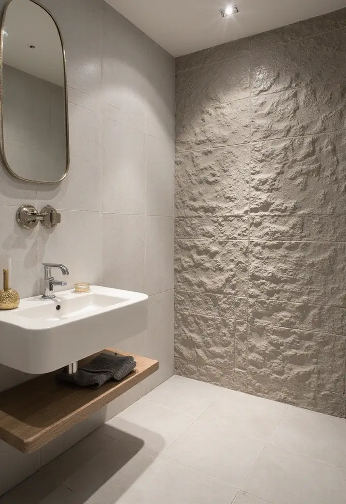 29 Bathroom Tiles Combination Ideas That Work Beautifully - 28. Textured Wall Tiles with Smooth Floors