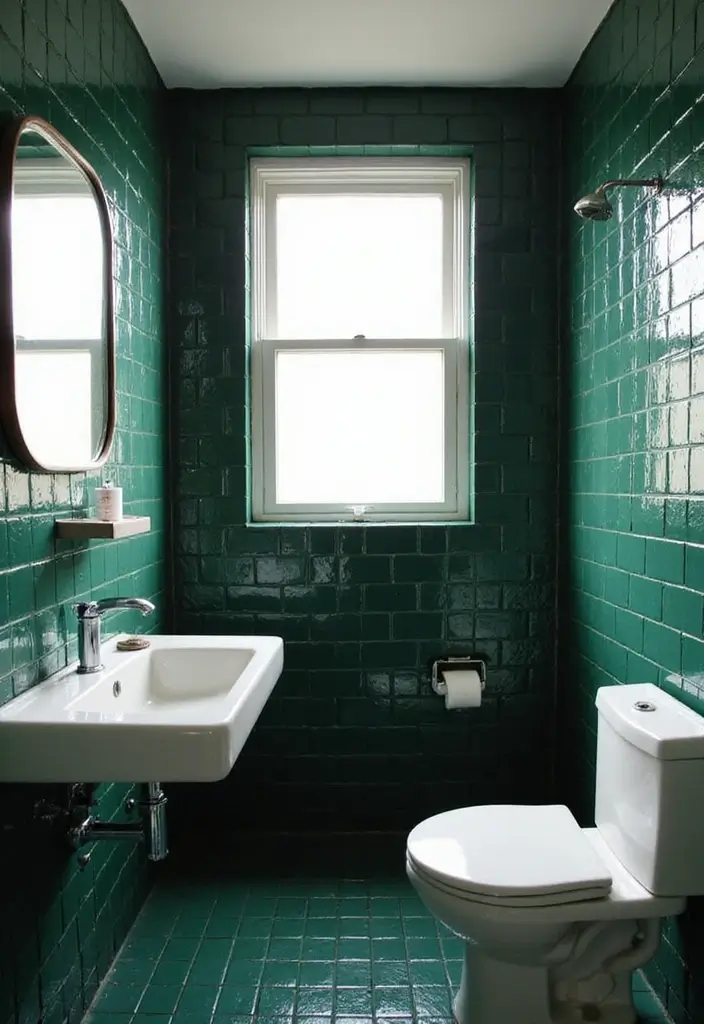 29 Green And White Bathroom Designs That Feel Fresh - 1. Serene Forest Green Tiles