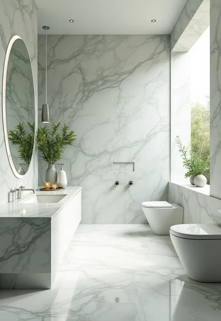 29 Green And White Bathroom Designs That Feel Fresh - 12. White Marble with Green Veining