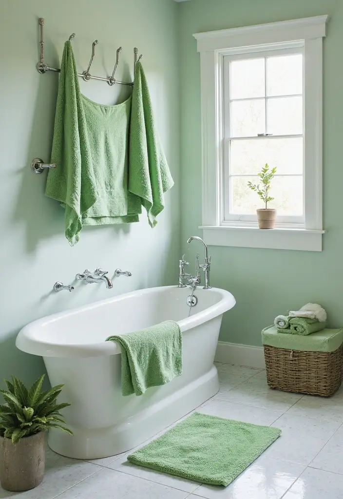 29 Green And White Bathroom Designs That Feel Fresh - 13. Green and White Bathroom Linens