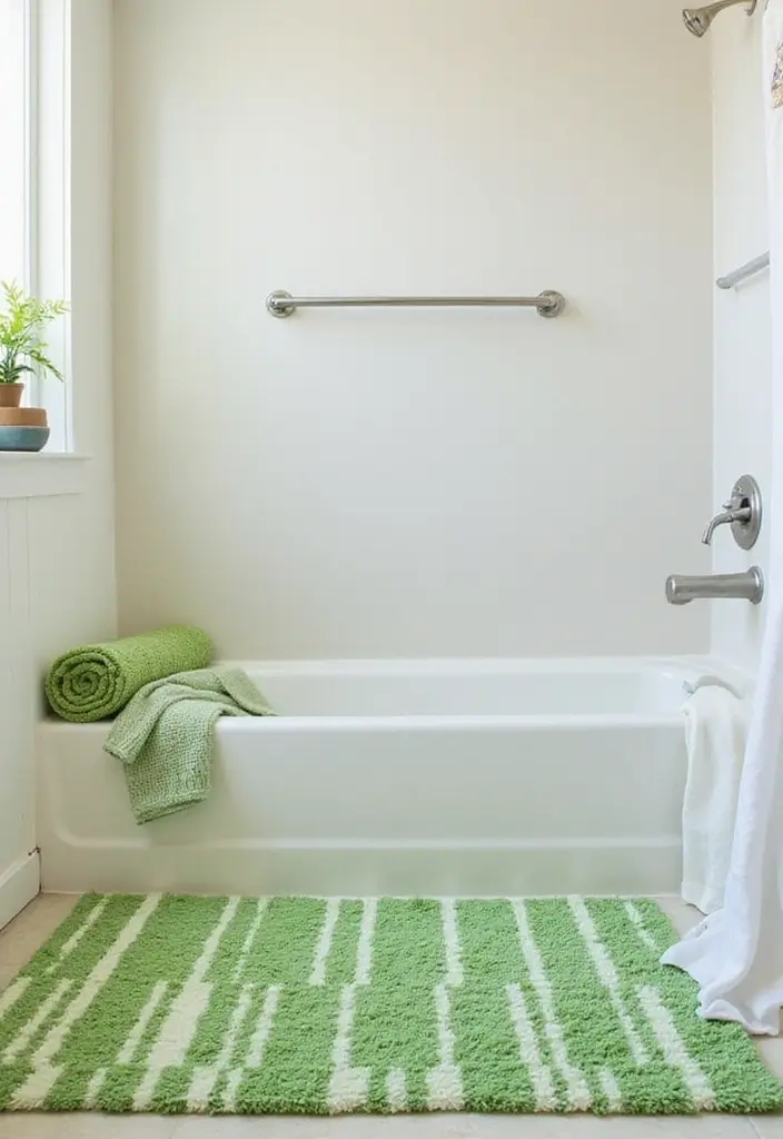 29 Green And White Bathroom Designs That Feel Fresh - 25. Green and White Shower Mats