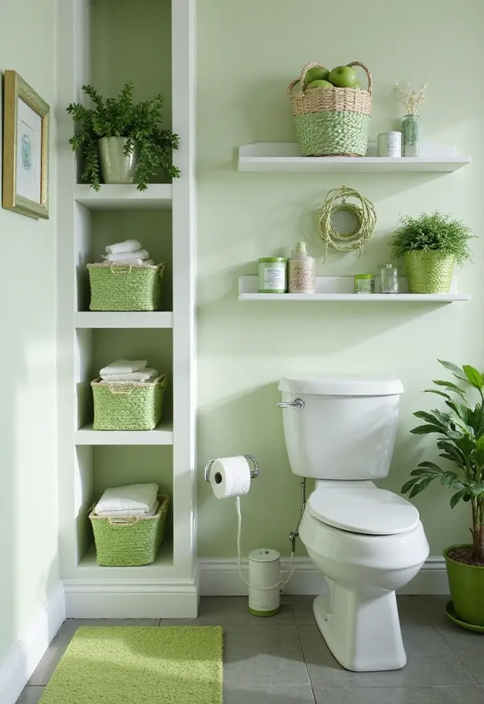 29 Green And White Bathroom Designs That Feel Fresh - 27. Functional Green Storage Solutions