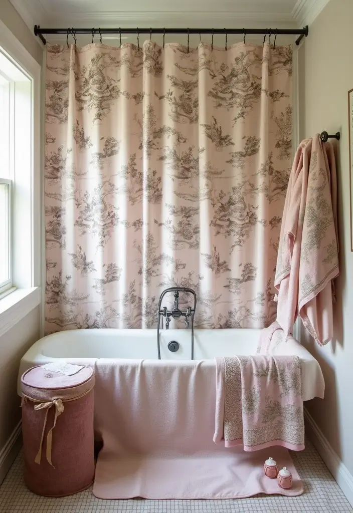 29 Modern French Country Bathroom Ideas That Feel Romantic - 15. Classic Toile