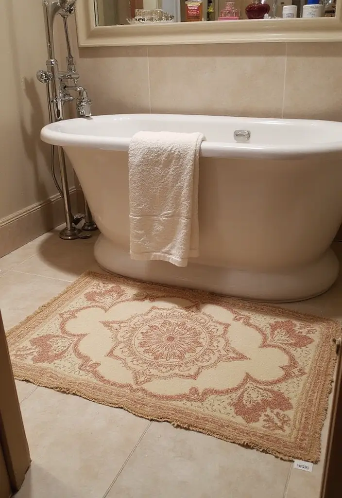 29 Modern French Country Bathroom Ideas That Feel Romantic - 20. Decorative Bath Mats