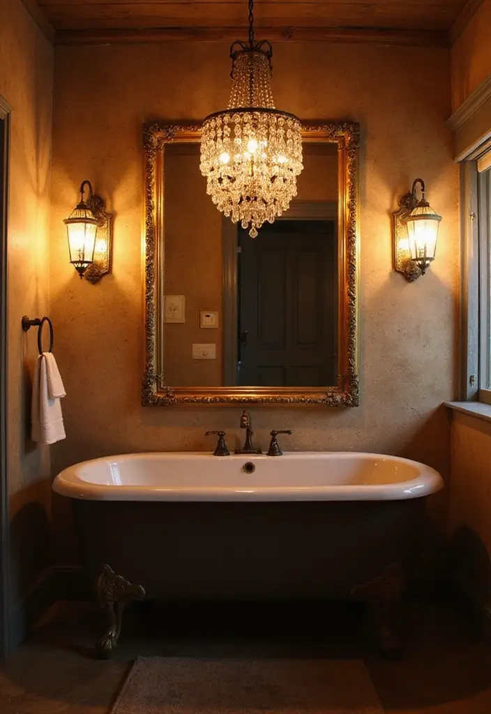 29 Modern French Country Bathroom Ideas That Feel Romantic - 3. Elegant Lighting Fixtures